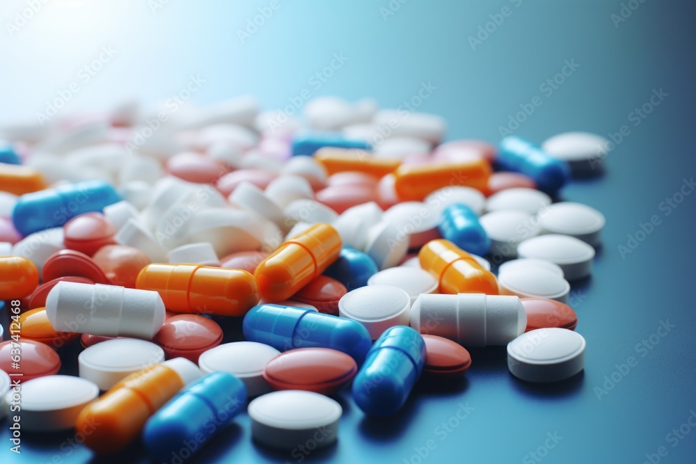 Pill bottle, light background, reality, balanced lighting, blue background. Generative AI. Pill bottle, light background, reality, balanced lighting, blue background. Generative AI.