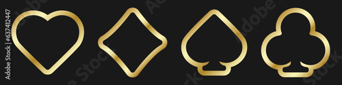 Set collection golden gambling sign shapes of playing card suits and chips for poker and casino. Hearts, clubs, diamonds and spades on black background.