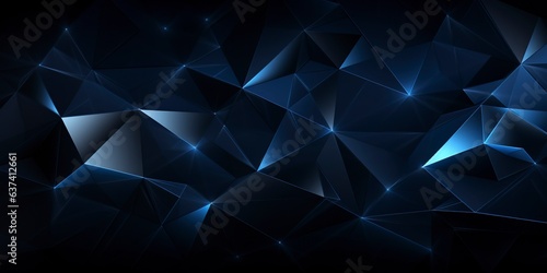 A 3D dark blue and black abstract background featuring glowing triangular triangles  creating a geometric and shiny effect