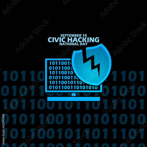Computer monitor screen icon filled with codes and a cracked shield, with bold text on black background to commemorate Civic Hacking National Day on September 18