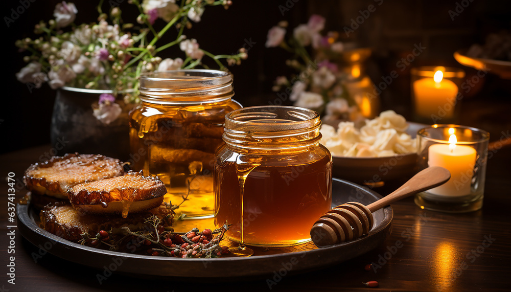 Two jars honey, honey dipper and slices bread. Drops of viscous amber honey. Composition on background of wooden table. Rustic still life Two jars honey, honey dipper and slices bread. Drops of viscous amber honey. Composition on background of wooden table. Rustic still life