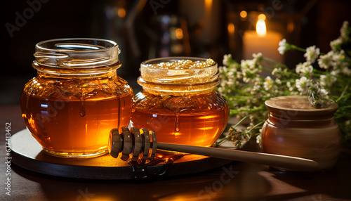 Open jars honey are on wooden table. Rustic still life in warm colors in cozy kitchen