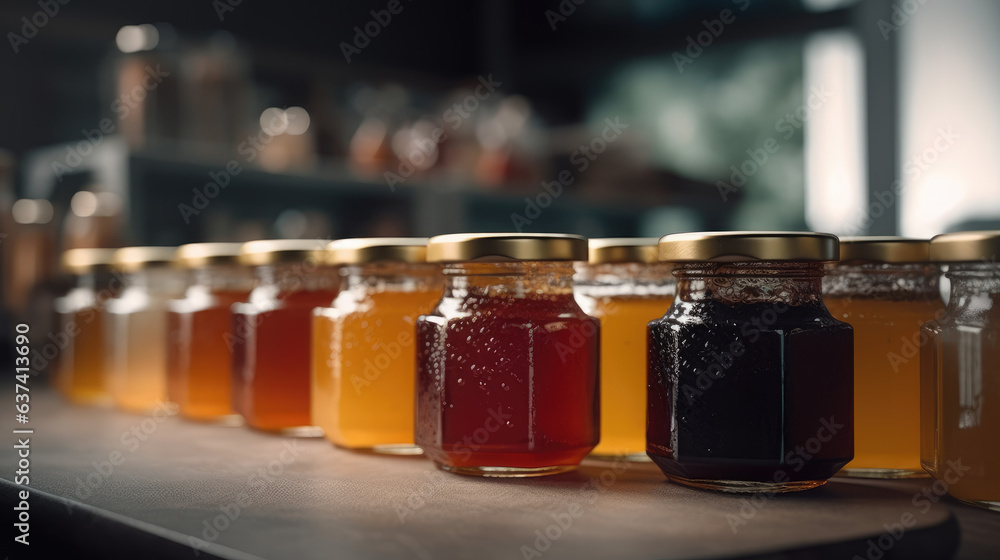 Honey in glass jars on the counter display. Selling delicious and healthy products. Honey in glass jars on the counter display. Selling delicious and healthy products.