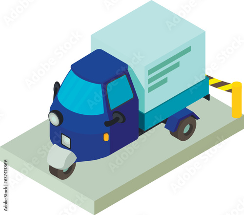 Repair work icon isometric vector. Three wheeled car on closed cement site icon. Repair concept, building site
