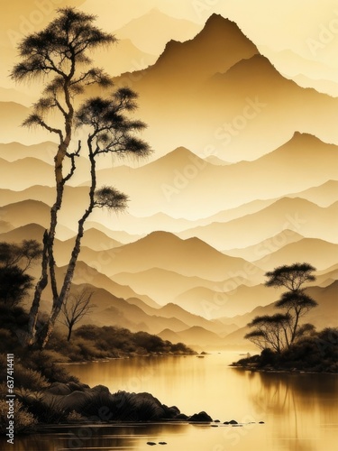 chinese ink wash painting majestic mountains 
