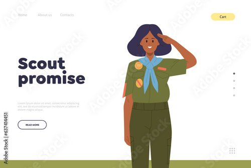 Scout promise concept for educational online service landing page template with happy girlscout