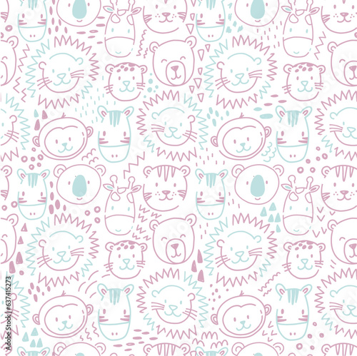 Beautiful kids vector seamless pattern with cute hand drawn safari animal faces. Children stock lion tiger bear zebra monkey illustratrion.