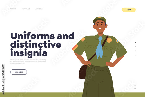 Uniforms and distinctive insignia for scout club participants landing page design template