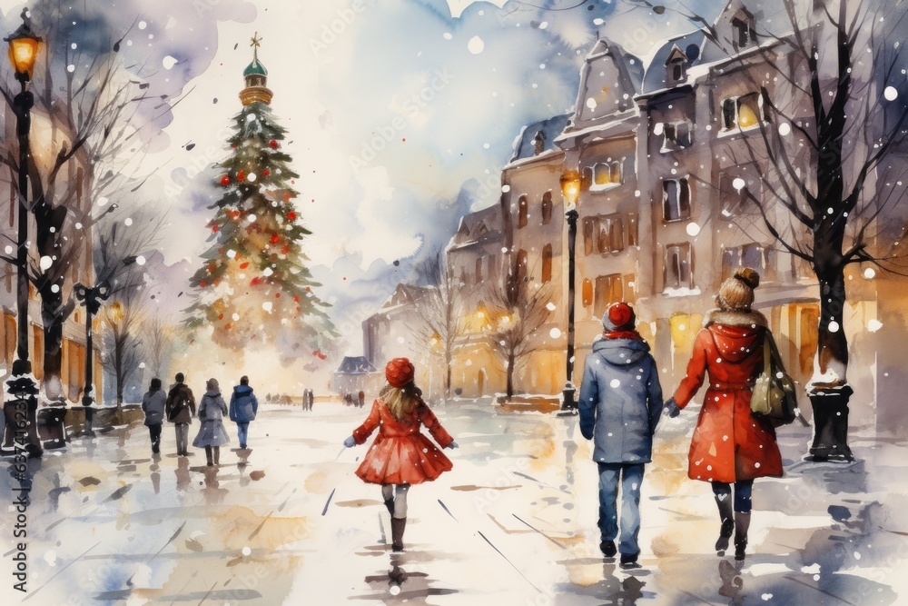 Winter in the city in postcard style, watercolor illustration. Merry christmas and happy new year concept. Background