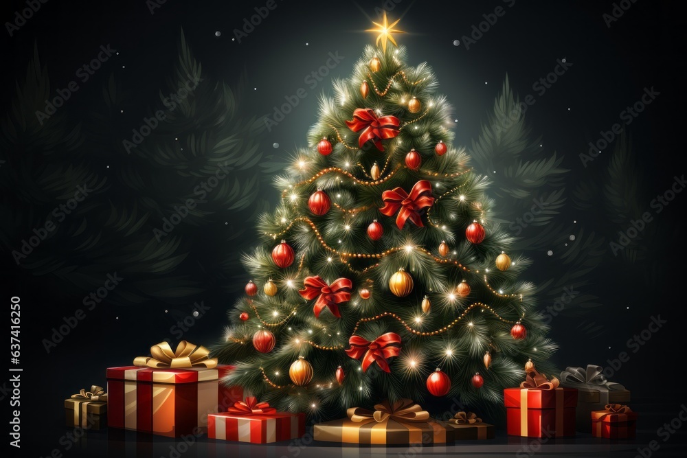 Festive Celebration with Christmas Tree and Decorations. Merry christmas and happy new year concept