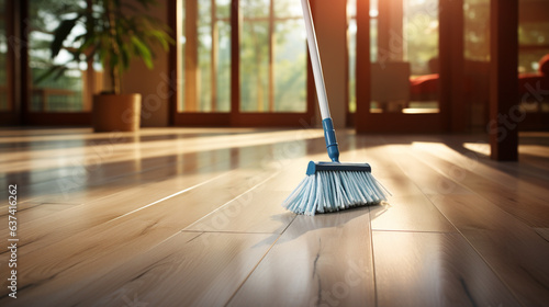 Cleaning parquet floor with mop.