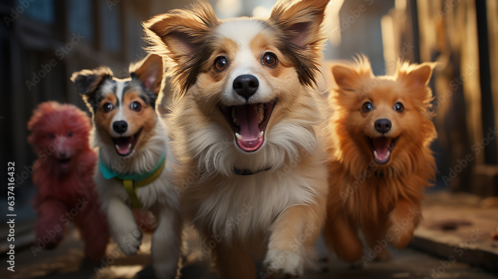 Group of many dog walking in city. Group of many dog walking in city.