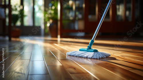 Cleaning parquet floor with mop.