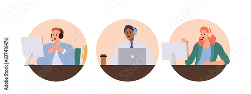 Round composition set with friendly operator call center talking to client, counseling customer
