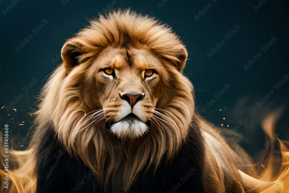 Lion king , Portrait on black background, Wildlife animal. Danger concept