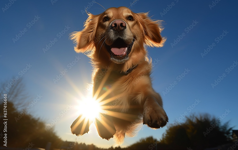 Happy Golden Retriever dog jumping in the air with the sun in the background
