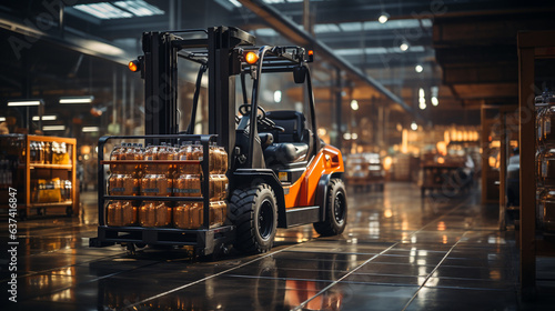 Forklift working in warehouse stock industrial premises. © andranik123