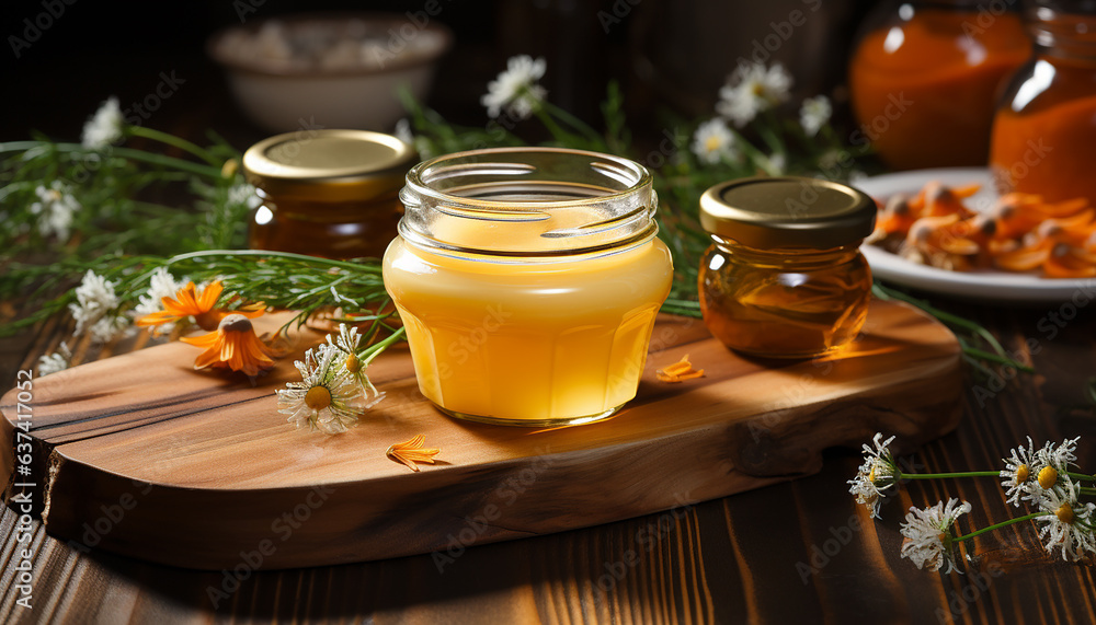 An open glass jar of creamy honey stands on a stand made of natural wood. Near meadow and wild flowers and herbs. Composition on the background of a wooden table. Still life in rustic style. An open glass jar of creamy honey stands on a stand made of natural wood. Near meadow and wild flowers and herbs. Composition on the background of a wooden table. Still life in rustic style.