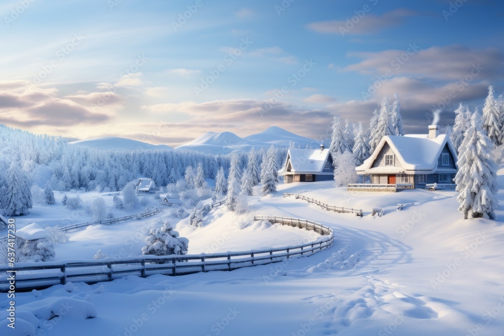 House in snow for winter holidays. Merry christmas and happy new year concept. Background