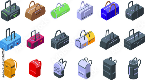 Gym Bag icons set isometric vector. Sport room. Training fitness