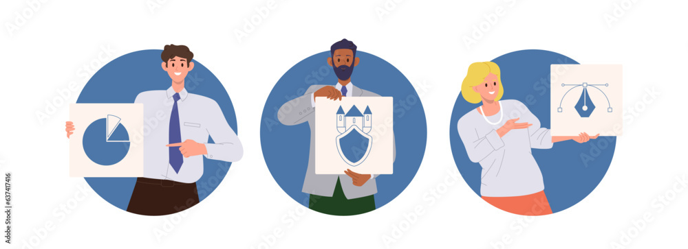 Fototapeta premium Creative people character smart team of web developer and designer isolated round composition set