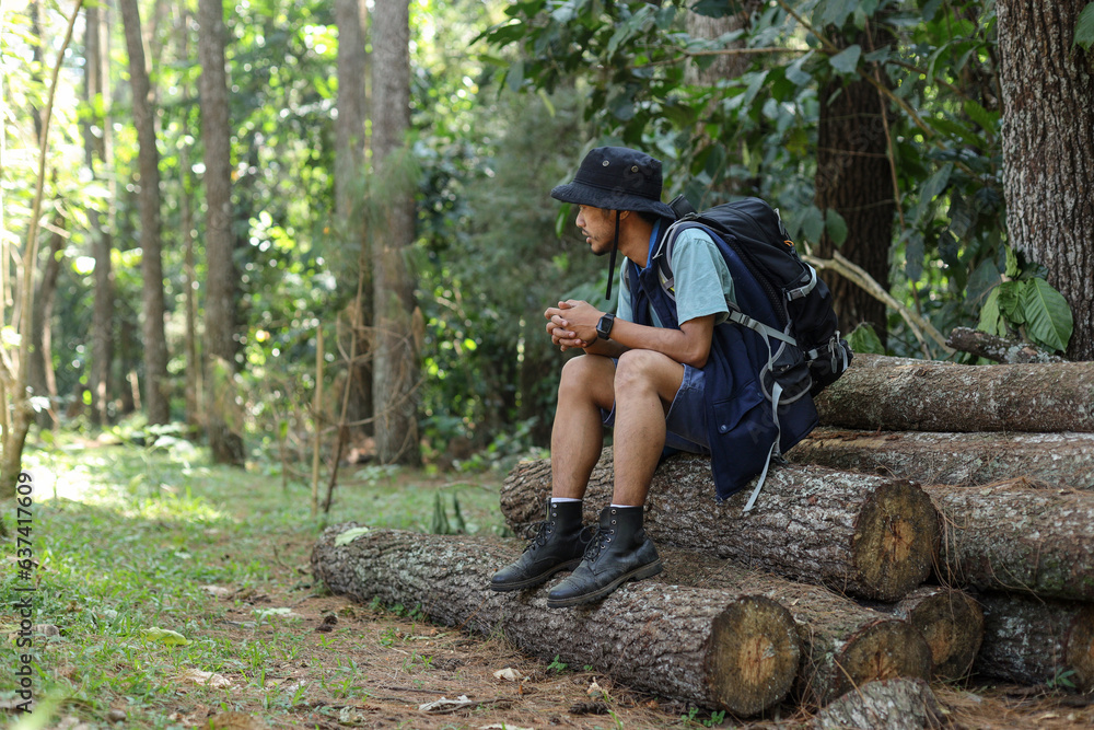 Asian hiker traveler man with backpack and bucket hat taking rest sitting on pile of log wood near tree in forest