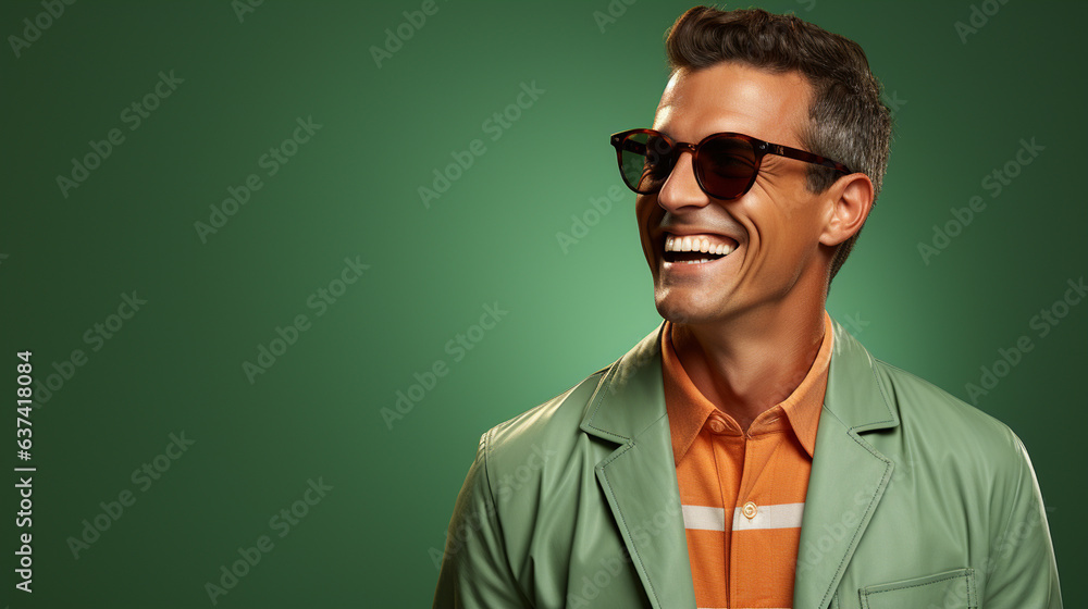 Fototapeta premium Portrait of happy man in green background.