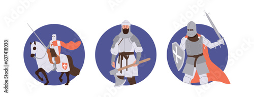 Isolated round frame composition with medieval knight in armor holding weapon ready to fight