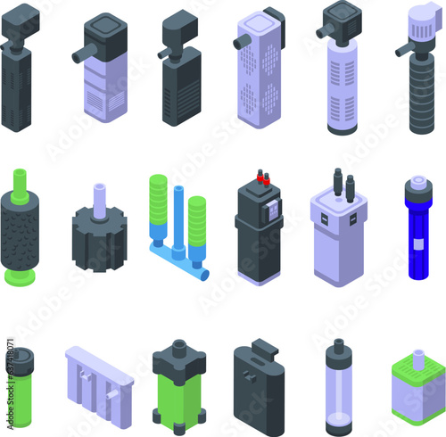 Aquarium Filter icons set isometric vector. Care fish. Tank air kit