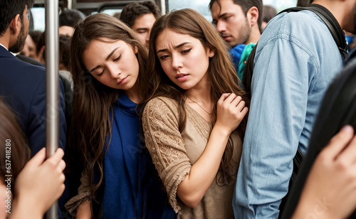 Discomfort of cramped public transportation, people are cramped, two sad young women
