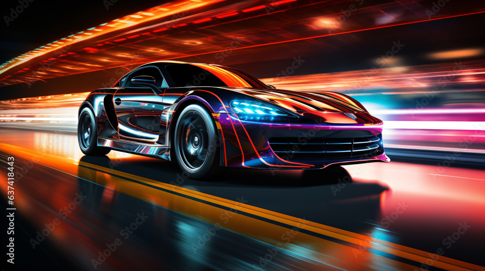 a futuristic sports car races along a neon-lit highway within a dark tunnel, bathed in a mesmerizing blend of black and blue neon hues