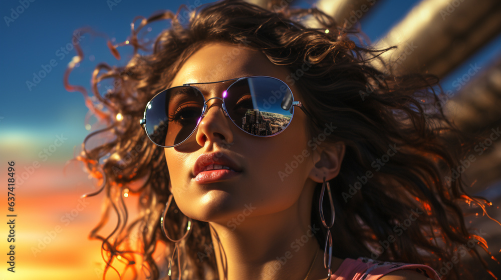 Portrait of woman in sunglasses in water park.