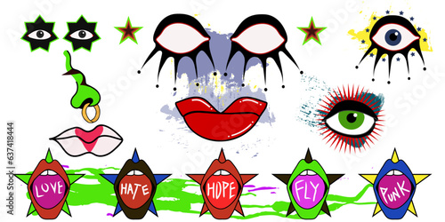 Punk eye lips grunge design punk,love,hate,hope,punk,fly. Eye design elements 