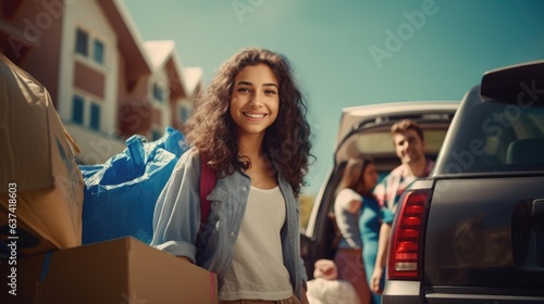 Young female college student moving her stuff out of home to a college dorm with her smiling parents in the background, Generative AI