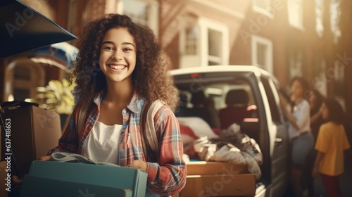 Young female college student moving her stuff out of home to a college dorm with her smiling parents in the background, Generative AI
