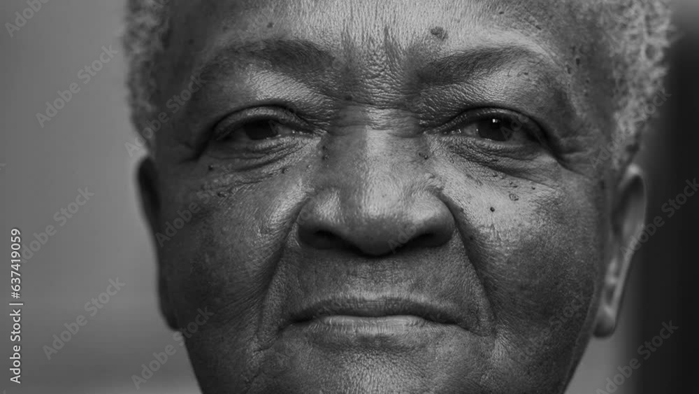 African American senior woman close-up face in dramatic monochromatic black and white. A black Brazilian elderly lady looking at camera African American senior woman close-up face in dramatic monochromatic black and white. A black Brazilian elderly lady looking at camera