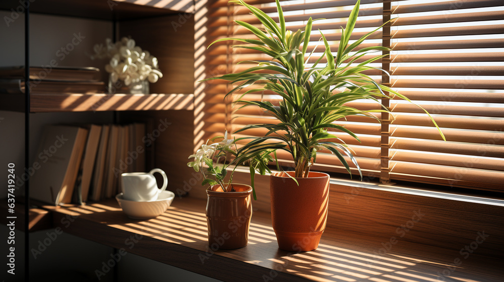 Wooden blinds on the window. Interior