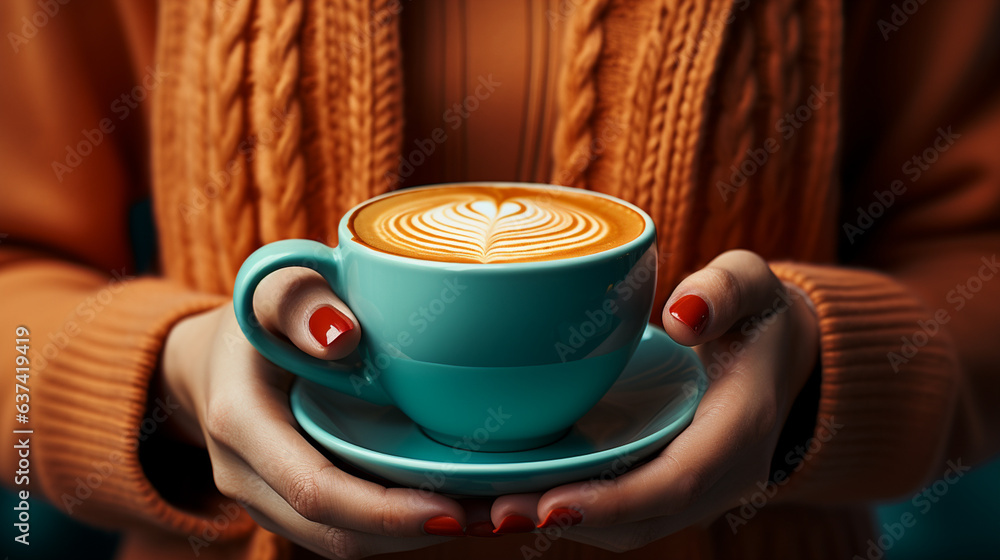 Female hand showing cup of coffee.