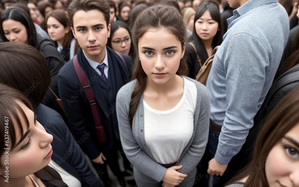 Fototapeta premium crowd of young people standing in square, wide angle view