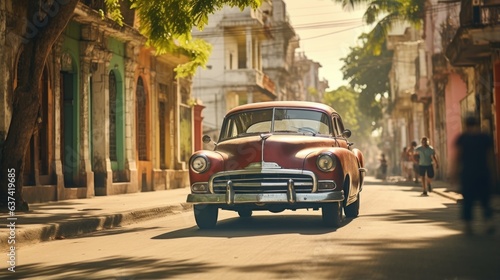 a photo of a beautiful vintage retro red car on a sunny street in havana, cuba. car on road and people walking around street. old colorful buildings. desktop wallpaper background. 16:9 . Generative AI