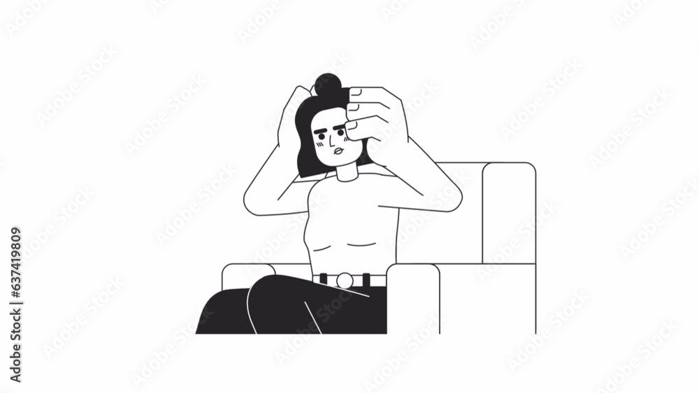 Young woman with headache sitting bw 2D character animation. Stress modern outline cartoon 4K video, alpha channel. Frustrated millennial girl in armchair animated person isolated on white background