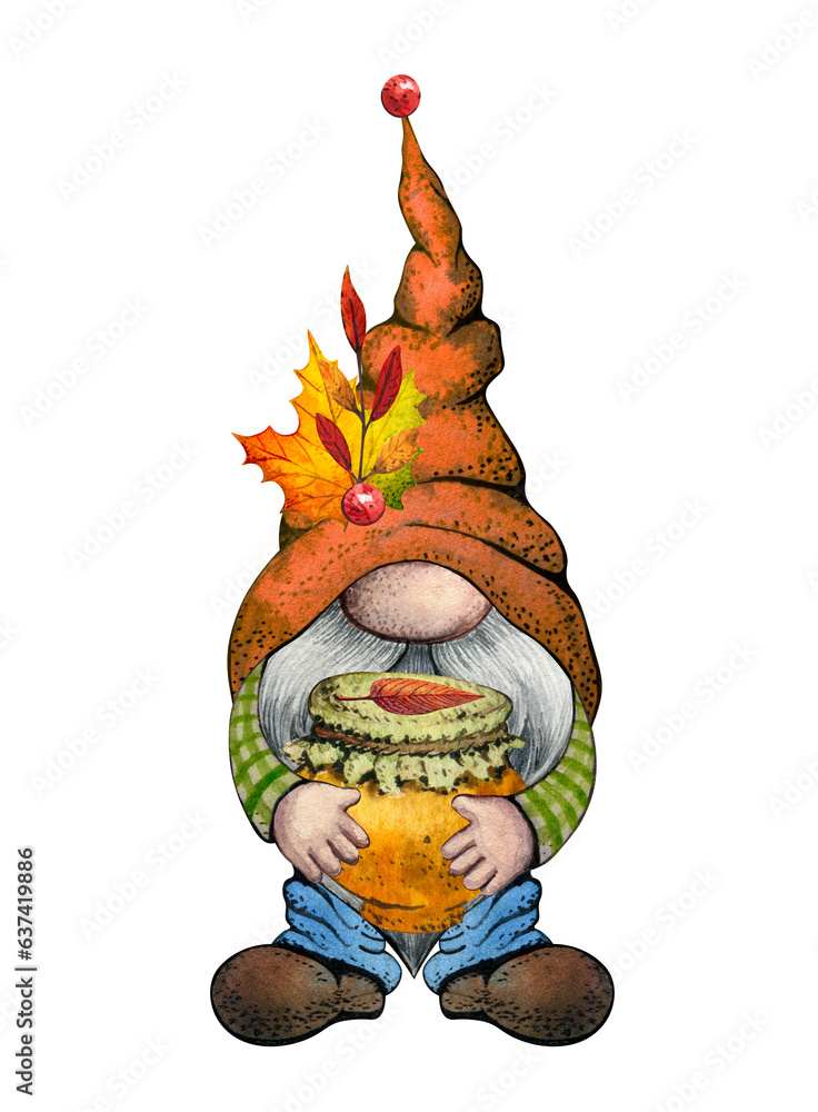 Watercolor Thanksgiving Day Gnome. Autumn Gnome. Fall Gnome. Thanksgiving Gnome. Watercolor Gnome