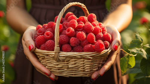 Woman holding basket with ripe raspberries.