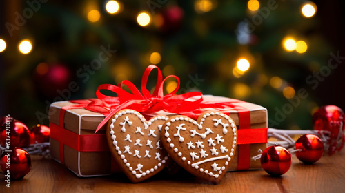 Two loveheart gingerbreads lean tenderly against a festively wrapped Christmas giftbox, echoing warmth and sweet celebrations. (Created Using Generative AI Tools) photo