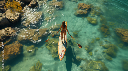 Young woman with a SUP board in sea.