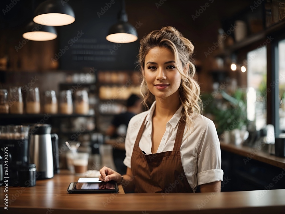 Beautiful woman owner stands behind the counter of a coffee shop. A barista with a digital tablet takes an order. Business concept. Takeaway food.