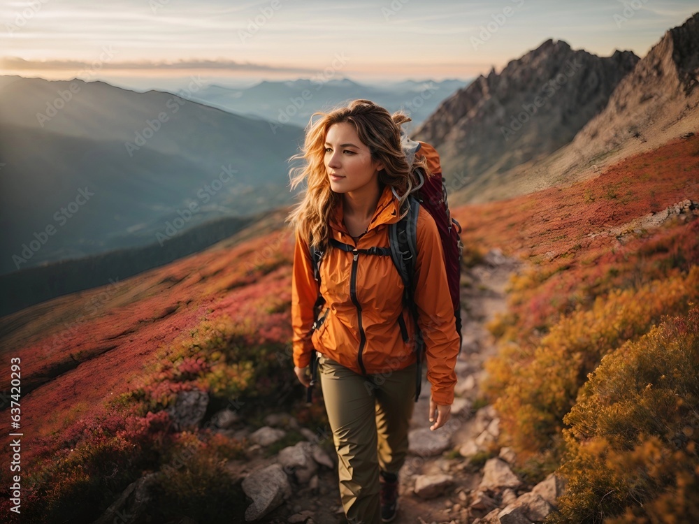 Naklejka premium Success woman hiker hiking on sunrise mountain peak - Young woman with backpack rise to the mountain top. Discovery Travel Destination Concept