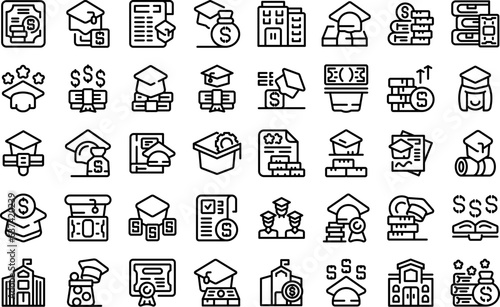 Scholarship icons set outline vector. Student degree. Happy female
