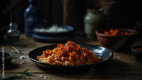 homemade kimchi on a plate, served with rice.