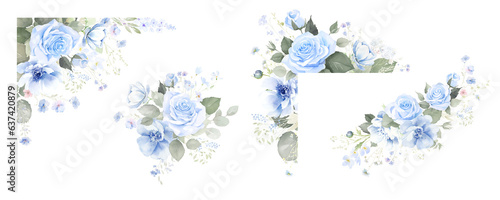 Watercolor navy blue roses floral bouquet, frame of blue rose, winter blue flower gentle clip art, for wedding invitation, baby shower, save the date, bridal shower party celebration